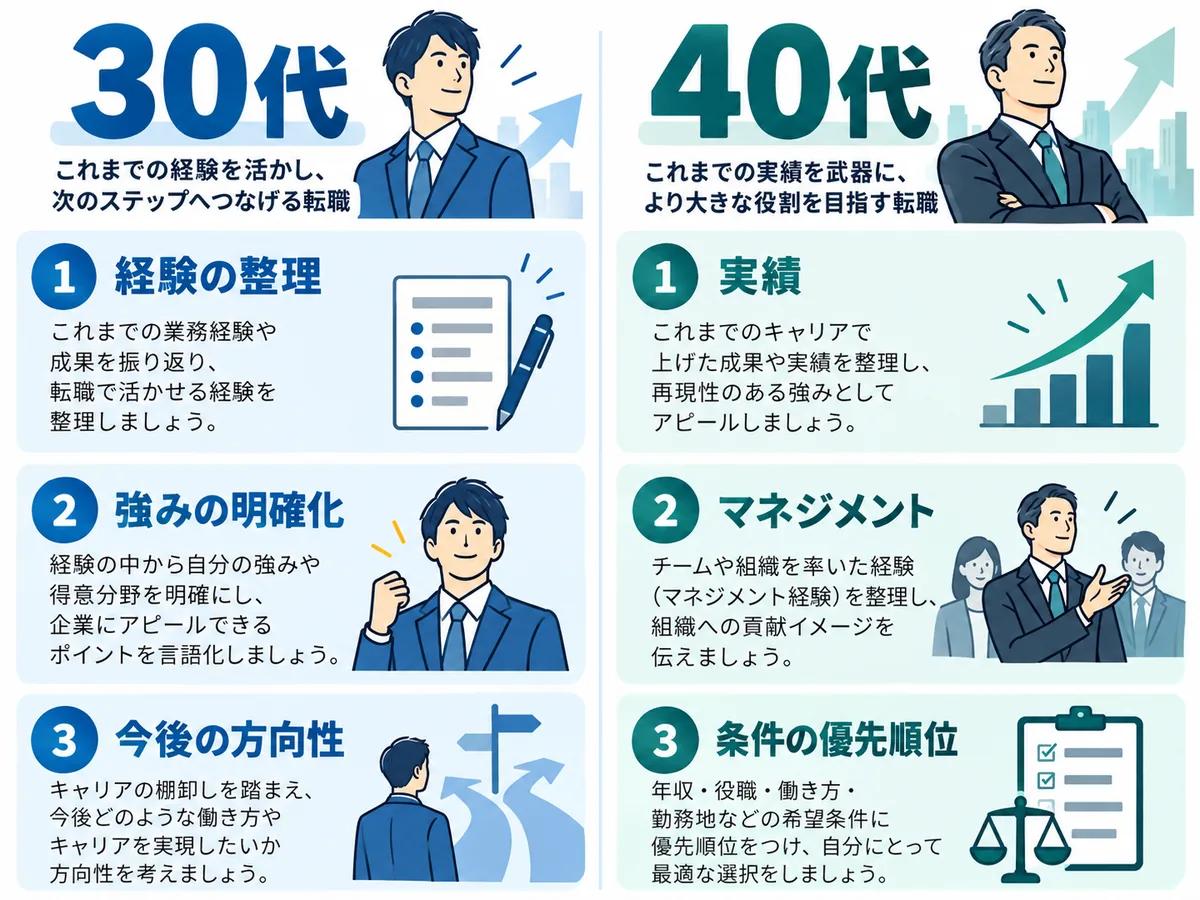 30代と40代の転職で整理したい経験・実績・条件の違いを比較した図