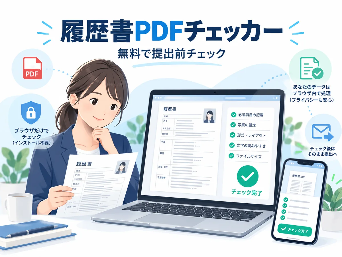 履歴書PDFチェッカーの利用イメージ。ブラウザ内でPDFを提出前チェックする様子